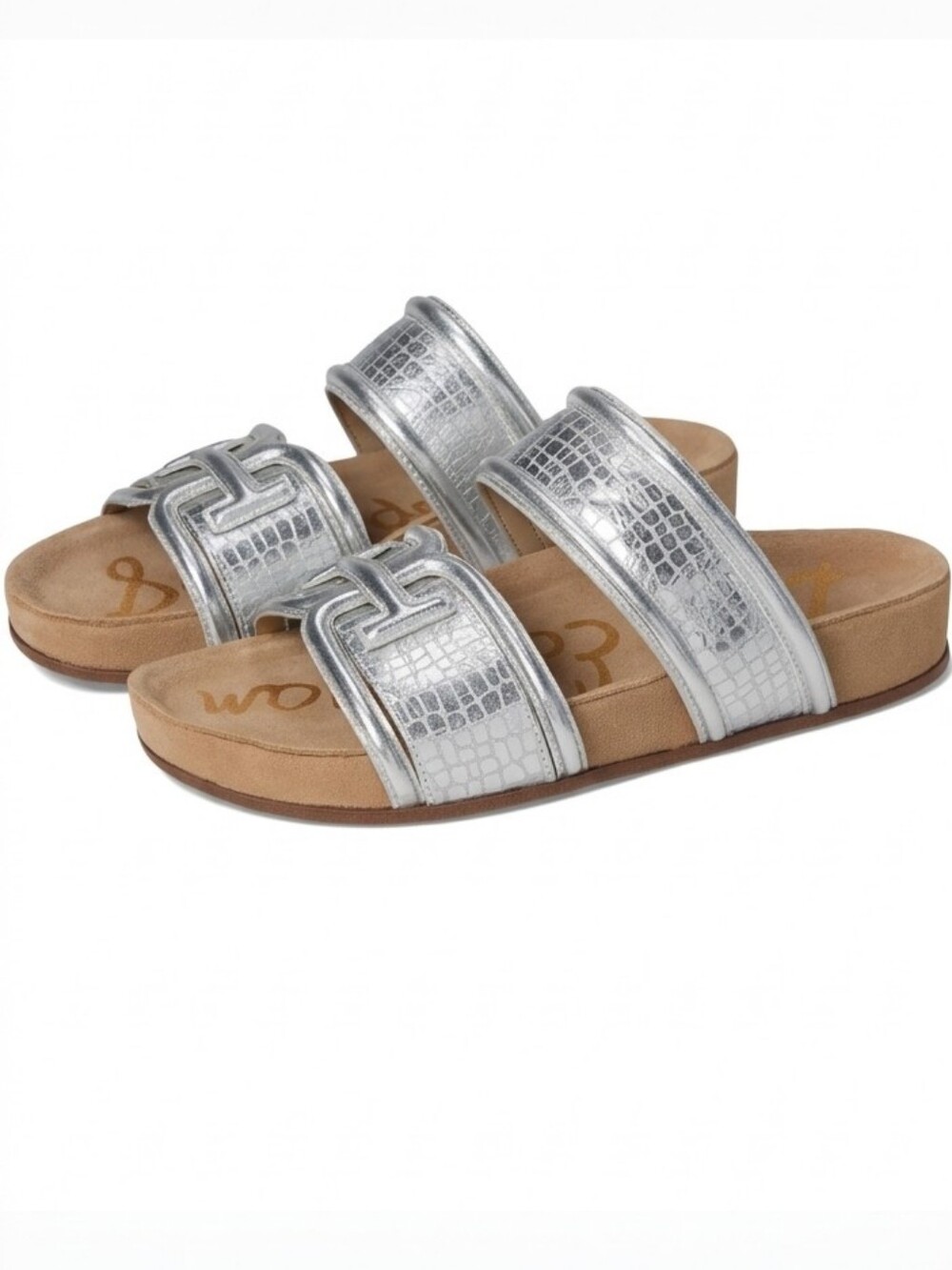 Sam Edelman Rowan Metallic Silver Croc Embossed Slide Sandals Size 8 NIB